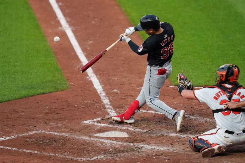 Jun 26, 2024; Baltimore, Maryland, USA; Cleveland Guardians outfielder Steven Kwan (38) at bat during the fourth inning against the Baltimore Orioles at Oriole Park at Camden Yards. Mandatory Credit: Reggie Hildred-USA TODAY Sports