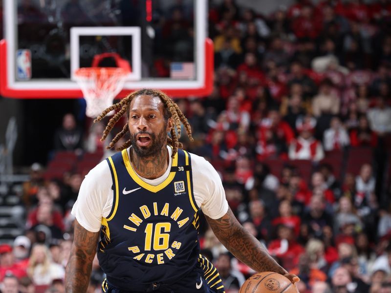 CHICAGO, IL - MARCH 27: James Johnson #16 of the Indiana Pacers drives to the basket during the game against the Chicago Bulls on March 27, 2024 at United Center in Chicago, Illinois. NOTE TO USER: User expressly acknowledges and agrees that, by downloading and or using this photograph, User is consenting to the terms and conditions of the Getty Images License Agreement. Mandatory Copyright Notice: Copyright 2024 NBAE (Photo by Jeff Haynes/NBAE via Getty Images)