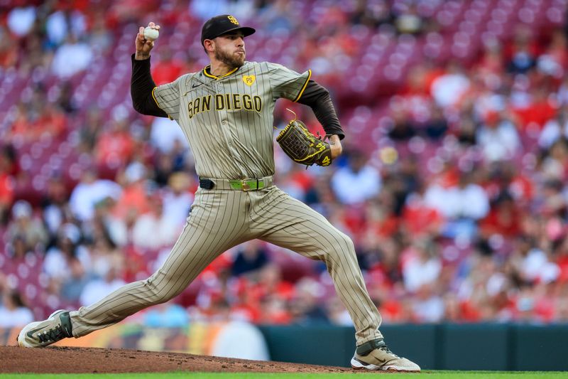 May 21, 2024; Cincinnati, Ohio, USA; San Diego Padres starting pitcher Joe Musgrove (44) pitches against the Cincinnati Reds in the first inning at Great American Ball Park. Mandatory Credit: Katie Stratman-USA TODAY Sports