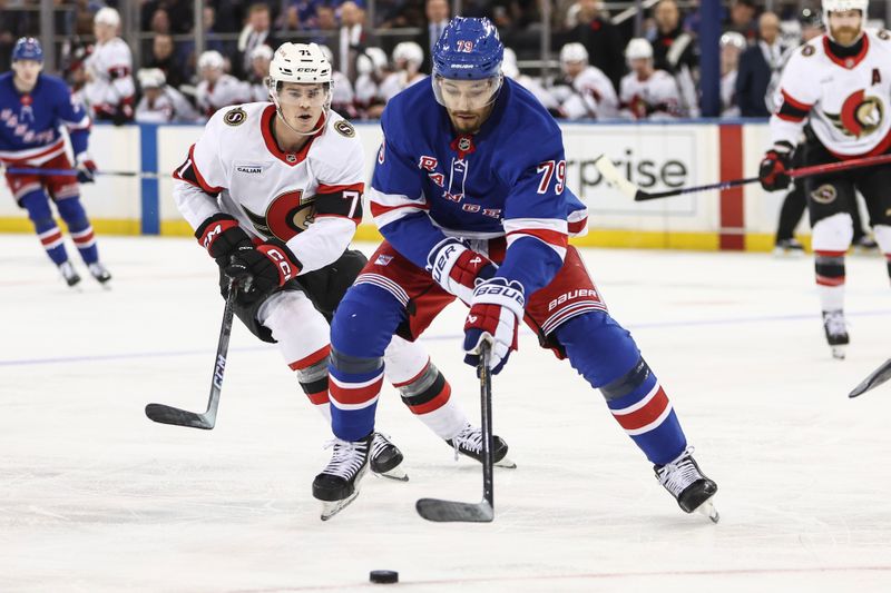 Nov 1, 2024; New York, New York, USA;  New York Rangers defenseman K'Andre Miller (79) chases the puck in the second period against the Ottawa Senators at Madison Square Garden. Mandatory Credit: Wendell Cruz-Imagn Images