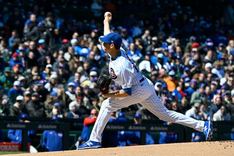 Apr 5, 2024; Chicago, Illinois, USA; Chicago Cubs starting pitcher Kyle Hendricks (28) delivers during the first inning against the Los Angeles Dodgers at Wrigley Field. Mandatory Credit: Matt Marton-USA TODAY Sports