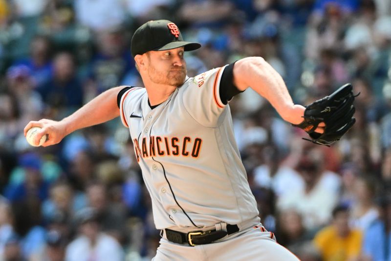 May 28, 2023; Milwaukee, Wisconsin, USA; San Francisco Giants pitcher Alex Cobb (38) pitches against the Milwaukee Brewers in the fourth inning at American Family Field. Mandatory Credit: Benny Sieu-USA TODAY Sports