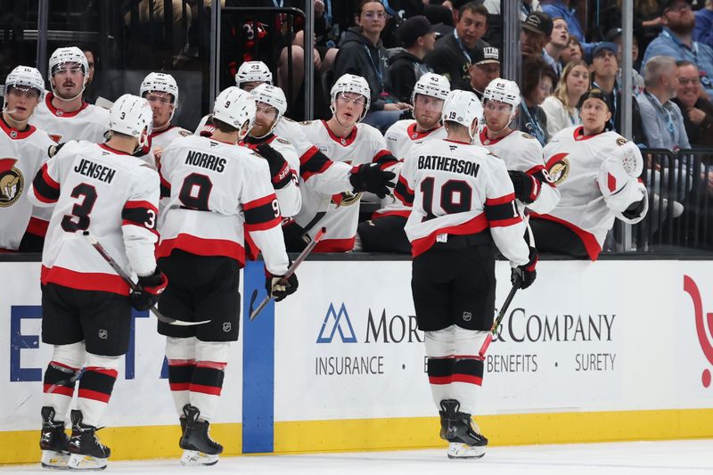 Oct 22, 2024; Salt Lake City, Utah, USA; Ottawa Senators center Tim Stutzle (18) celebrates a goal against the Utah Hockey Club during the first period at Delta Center. Mandatory Credit: Rob Gray-Imagn Images