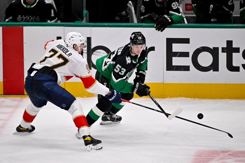 Dec 13, 2025; Dallas, Texas, USA; Florida Panthers defenseman Niko Mikkola (77) and Dallas Stars center Wyatt Johnston (53) chase the puck during the third period at the American Airlines Center. Mandatory Credit: Jerome Miron-Imagn Images