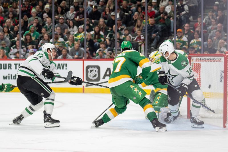 Nov 16, 2024; Saint Paul, Minnesota, USA; Dallas Stars left wing Mason Marchment (27) shoots and scores against the Minnesota Wild in the third period at Xcel Energy Center. Mandatory Credit: Matt Blewett-Imagn Images