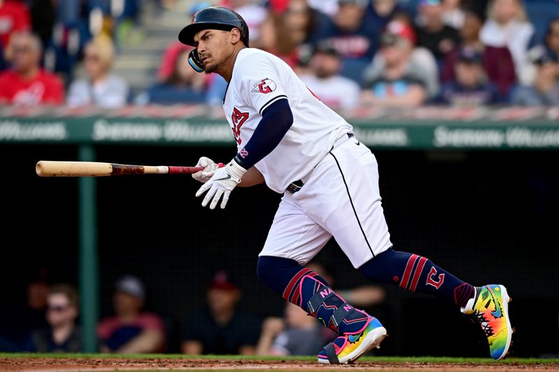 Apr 8, 2024; Cleveland, Ohio, USA; Cleveland Guardians first baseman Josh Naylor (22) runs after hitting a single during the fourth inning against the Chicago White Sox at Progressive Field. Mandatory Credit: David Dermer-USA TODAY Sports