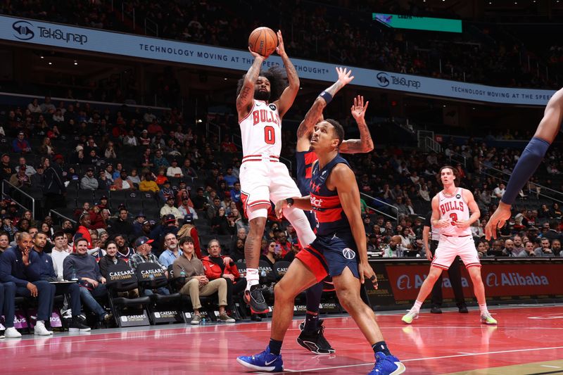 WASHINGTON, DC -? NOVEMBER 26: Coby White #0 of the Chicago Bulls shoots the ball during the game against the Washington Wizards during the Emirates NBA Cup game on November 26, 2024 at Capital One Arena in Washington, DC. NOTE TO USER: User expressly acknowledges and agrees that, by downloading and or using this Photograph, user is consenting to the terms and conditions of the Getty Images License Agreement. Mandatory Copyright Notice: Copyright 2024 NBAE (Photo by Stephen Gosling/NBAE via Getty Images)