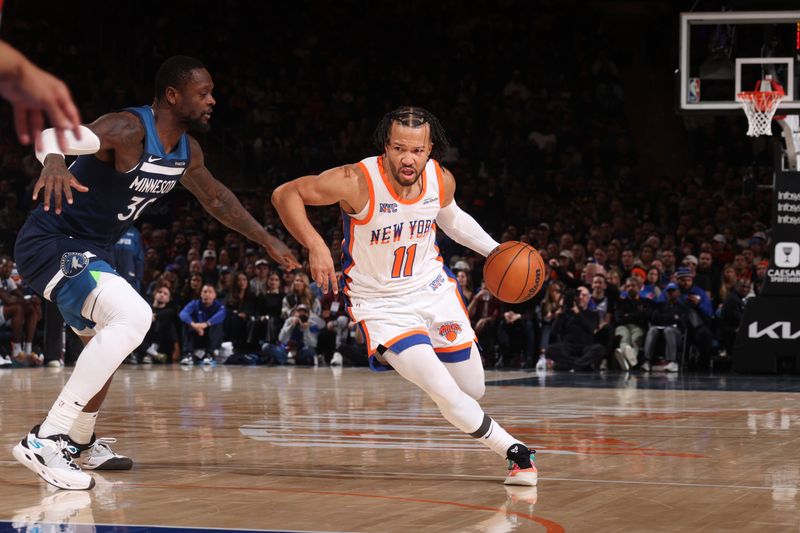 NEW YORK, NY - JANUARY 17: Jalen Brunson #11 of the New York Knicks drives to the basket during the game against the Minnesota Timberwolves on January 17, 2025 at Madison Square Garden in New York City, New York.  NOTE TO USER: User expressly acknowledges and agrees that, by downloading and or using this photograph, User is consenting to the terms and conditions of the Getty Images License Agreement. Mandatory Copyright Notice: Copyright 2025 NBAE  (Photo by Nathaniel S. Butler/NBAE via Getty Images)