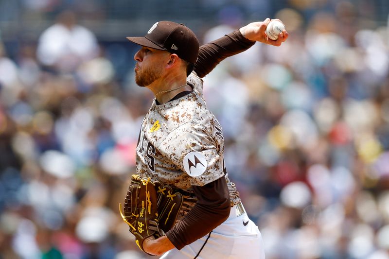 May 26, 2024; San Diego, California, USA; San Diego Padres starting pitcher Joe Musgrove (44) throws a pitch in the first inning against the New York Yankees at Petco Park. Mandatory Credit: David Frerker-USA TODAY Sports