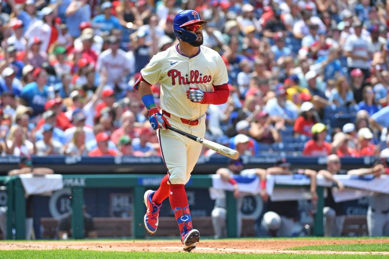 Jul 28, 2024; Philadelphia, Pennsylvania, USA; Philadelphia Phillies designated hitter Kyle Schwarber (12) watches his two-run home run against the Cleveland Guardians during the third inning at Citizens Bank Park. Mandatory Credit: Eric Hartline-USA TODAY Sports