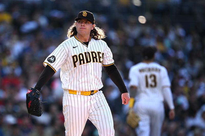 Jun 15, 2023; San Diego, California, USA; San Diego Padres starting pitcher Ryan Weathers (40) looks on during the second inning against the Cleveland Guardians at Petco Park. Mandatory Credit: Orlando Ramirez-USA TODAY Sports