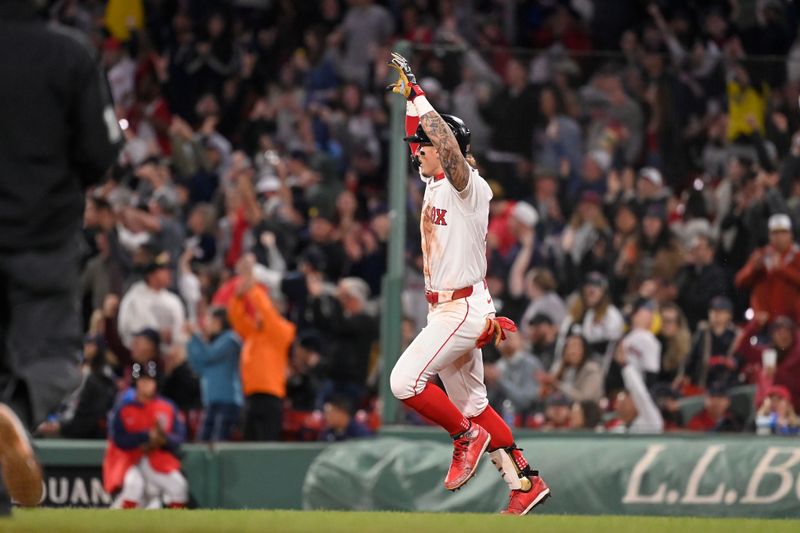 May 16, 2024; Boston, Massachusetts, USA;  Boston Red Sox center fielder Jarren Duran (16) celebrates a home run against the Tampa Bay Rays  during the sixth inning at Fenway Park. Mandatory Credit: Eric Canha-USA TODAY Sports