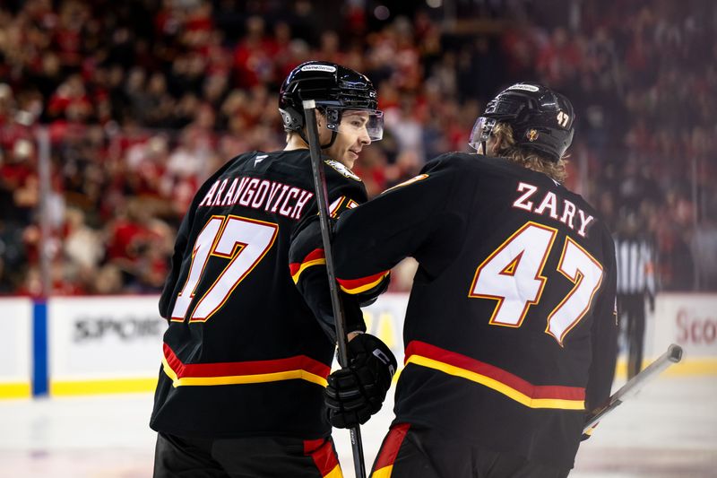 Nov 23, 2024; Calgary, Alberta, CAN; Calgary Flames center Yegor Sharangovich (17) celebrates with center Connor Zary (47) after a goal against the Minnesota Wild during the third period at Scotiabank Saddledome. Mandatory Credit: Brett Holmes-Imagn Images