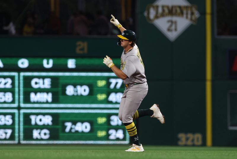 Sep 19, 2025; Pittsburgh, Pennsylvania, USA;  Athletics first baseman Nick Kurtz (16) circles the bases on a solo home run against the Pittsburgh Pirates during the fourth inning at PNC Park. Mandatory Credit: Charles LeClaire-Imagn Images