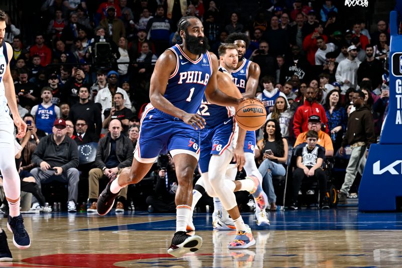 PHILADELPHIA, PA - MARCH 29: James Harden #1 of the Philadelphia 76ers dribbles the ball during the game against the Dallas Mavericks on March 29, 2023 at the Wells Fargo Center in Philadelphia, Pennsylvania NOTE TO USER: User expressly acknowledges and agrees that, by downloading and/or using this Photograph, user is consenting to the terms and conditions of the Getty Images License Agreement. Mandatory Copyright Notice: Copyright 2023 NBAE (Photo by David Dow/NBAE via Getty Images)