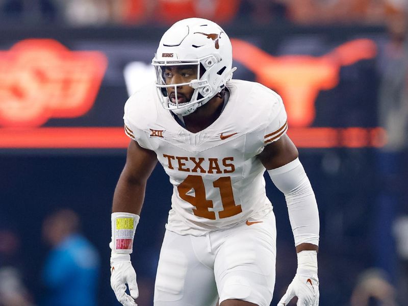 Dec 2, 2023; Arlington, TX, USA; Texas Longhorns linebacker Jaylan Ford (41) lines up during the first quarter against the Oklahoma State Cowboys at AT&T Stadium. Mandatory Credit: Andrew Dieb-USA TODAY Sports