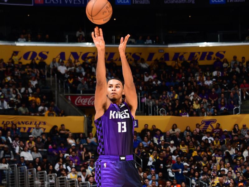 LOS ANGELES, CA - OCTOBER 26: Keegan Murray #13 of the Sacramento Kings shoots a three point basket during the game against the Los Angeles Lakers on October 26, 2024 at Crypto.Com Arena in Los Angeles, California. NOTE TO USER: User expressly acknowledges and agrees that, by downloading and/or using this Photograph, user is consenting to the terms and conditions of the Getty Images License Agreement. Mandatory Copyright Notice: Copyright 2024 NBAE (Photo by Adam Pantozzi/NBAE via Getty Images)