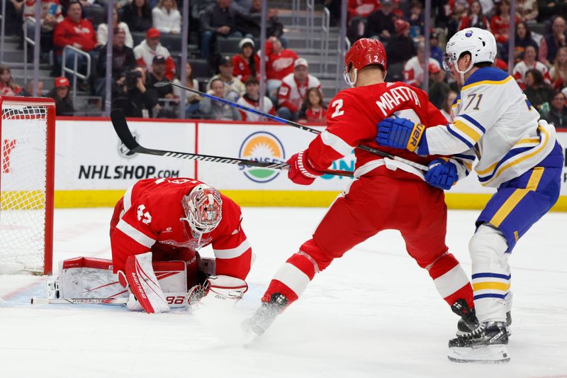 Mar 16, 2024; Detroit, Michigan, USA;  Detroit Red Wings goaltender James Reimer (47) makes a save in the first period against the Buffalo Sabres at Little Caesars Arena. Mandatory Credit: Rick Osentoski-USA TODAY Sports