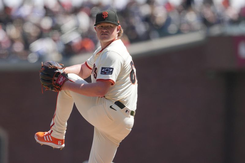 Apr 7, 2024; San Francisco, California, USA; San Francisco Giants starting pitcher Logan Webb (62) pitches against the San Diego Padres during the second inning at Oracle Park. Mandatory Credit: Darren Yamashita-USA TODAY Sports