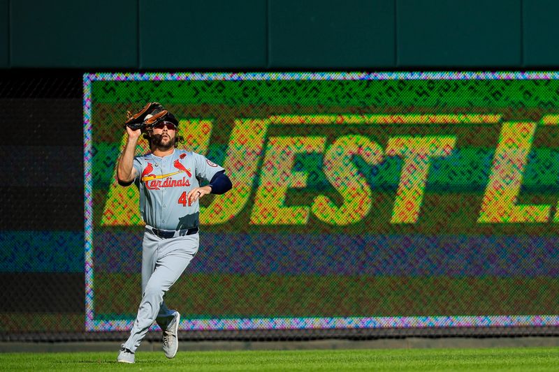 May 27, 2024; Cincinnati, Ohio, USA; St. Louis Cardinals outfielder Alec Burleson (41) catches a pop up hit by Cincinnati Reds pinch hitter Santiago Espinal (not pictured) in the seventh inning at Great American Ball Park. Mandatory Credit: Katie Stratman-USA TODAY Sports