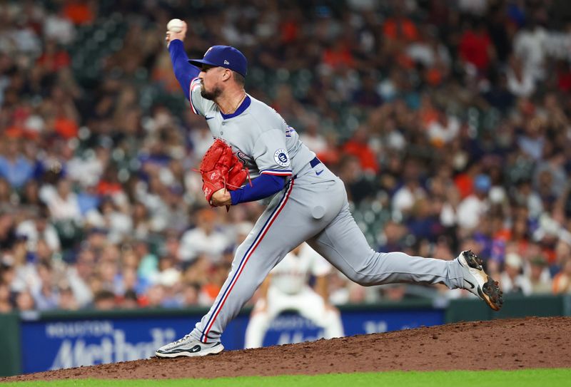 Sep 17, 2025; Houston, Texas, USA; Texas Rangers relief pitcher Shawn Armstrong (43) pitches against the Houston Astros in the seventh inning at Daikin Park. Mandatory Credit: Thomas Shea-Imagn Images
