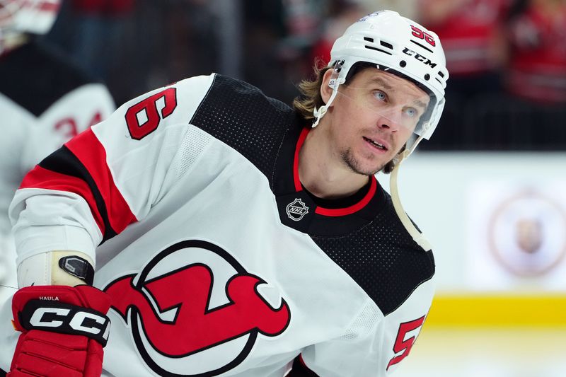 Mar 17, 2024; Las Vegas, Nevada, USA; New Jersey Devils left wing Erik Haula (56) warms up before a game against the Vegas Golden Knights at T-Mobile Arena. Mandatory Credit: Stephen R. Sylvanie-USA TODAY Sports