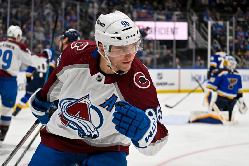 Mar 19, 2024; St. Louis, Missouri, USA;  Colorado Avalanche right wing Mikko Rantanen (96) reacts after scoring against St. Louis Blues goaltender Jordan Binnington (50) during the first period at Enterprise Center. Mandatory Credit: Jeff Curry-USA TODAY Sports