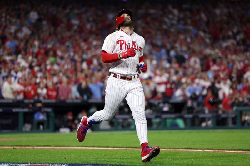 Oct 24, 2023; Philadelphia, Pennsylvania, USA; Philadelphia Phillies designated hitter Bryce Harper (3) reacts after an out against the Arizona Diamondbacks in the fourth inning for game seven of the NLCS for the 2023 MLB playoffs at Citizens Bank Park. Mandatory Credit: Bill Streicher-USA TODAY Sports