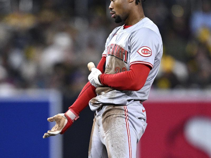 Apr 29, 2024; San Diego, California, USA; Cincinnati Reds center fielder Will Benson (30) celebrates after hitting a double against the San Diego Padres during the fifth inning at Petco Park. Mandatory Credit: Orlando Ramirez-USA TODAY Sports