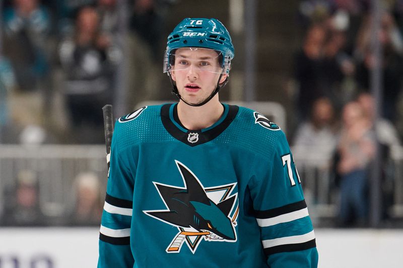 Apr 6, 2024; San Jose, California, USA; San Jose Sharks left wing William Eklund (72) waits for play to resume against the St. Louis Blues during the second period at SAP Center at San Jose. Mandatory Credit: Robert Edwards-USA TODAY Sports