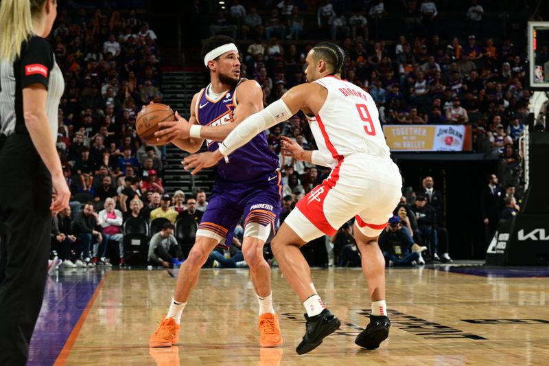 PHOENIX, AZ - MARCH 2: Devin Booker #1 of the Phoenix Suns handles the ball during the game against the Houston Rockets on March 2, 2024 at Footprint Center in Phoenix, Arizona. NOTE TO USER: User expressly acknowledges and agrees that, by downloading and or using this photograph, user is consenting to the terms and conditions of the Getty Images License Agreement. Mandatory Copyright Notice: Copyright 2023 NBAE (Photo by Kate Frese/NBAE via Getty Images)