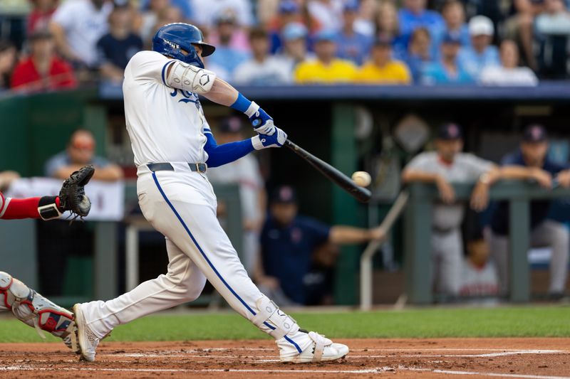 Aug 6, 2024; Kansas City, Missouri, USA;  Kansas City Royals first base Vinnie Pasquantino (9) gets a hit during the first inning against the Boston Red Sox at Kauffman Stadium. Mandatory Credit: William Purnell-USA TODAY Sports