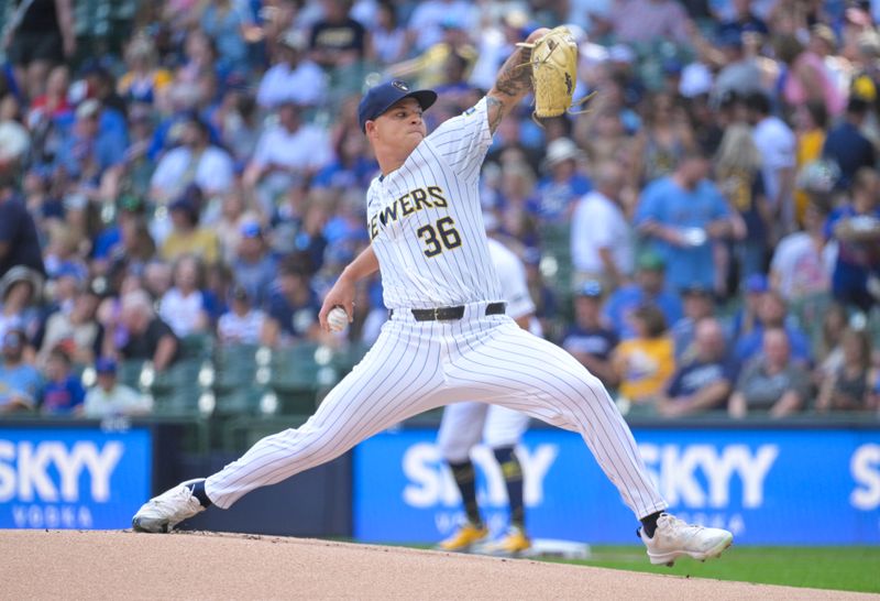 Jun 29, 2024; Milwaukee, Wisconsin, USA; Milwaukee Brewers pitcher Tobias Myers (36) delivers a pitch against the Chicago Cubs in the first inning at American Family Field. Mandatory Credit: Michael McLoone-USA TODAY Sports