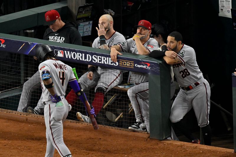 Oct 28, 2023; Arlington, Texas, USA; Arizona Diamondbacks manager Torey Lovullo (17) watches the game between the Texas Rangers and the Arizona Diamondbacks during the fifth inning in game two of the 2023 World Series at Globe Life Field. Mandatory Credit: Jerome Miron-USA TODAY Sports