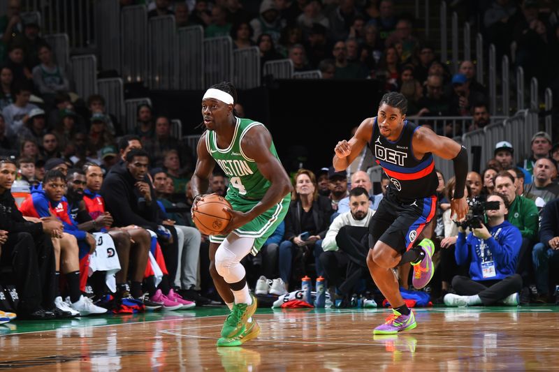 BOSTON, MA - DECEMBER 12: Jrue Holiday #4 of the Boston Celtics handles the ball during the game against the Detroit Pistons on December 12, 2024 at TD Garden in Boston, Massachusetts. NOTE TO USER: User expressly acknowledges and agrees that, by downloading and/or using this Photograph, user is consenting to the terms and conditions of the Getty Images License Agreement. Mandatory Copyright Notice: Copyright 2024 NBAE (Photo by Brian Babineau/NBAE via Getty Images)