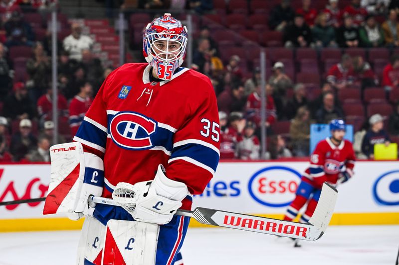 Nov 13, 2025; Montreal, Quebec, CAN; Montreal Canadiens goalie Sam Montembeault (35) looks on during warm-ups before the game against the Dallas Stars at Bell Centre. Mandatory Credit: David Kirouac-Imagn Images
