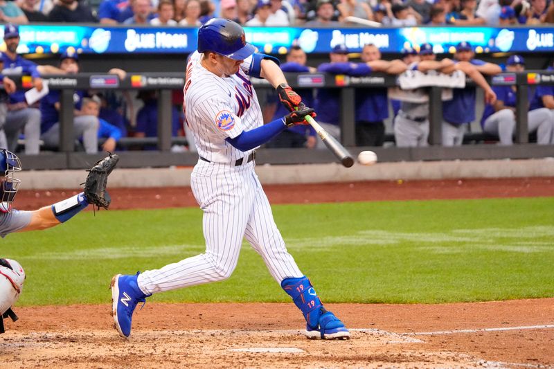 Jul 16, 2023; New York City, New York, USA; New York Mets left fielder Mark Canha (19) hits a single against the Los Angeles Dodgers during the seventh inning at Citi Field. Mandatory Credit: Gregory Fisher-USA TODAY Sports