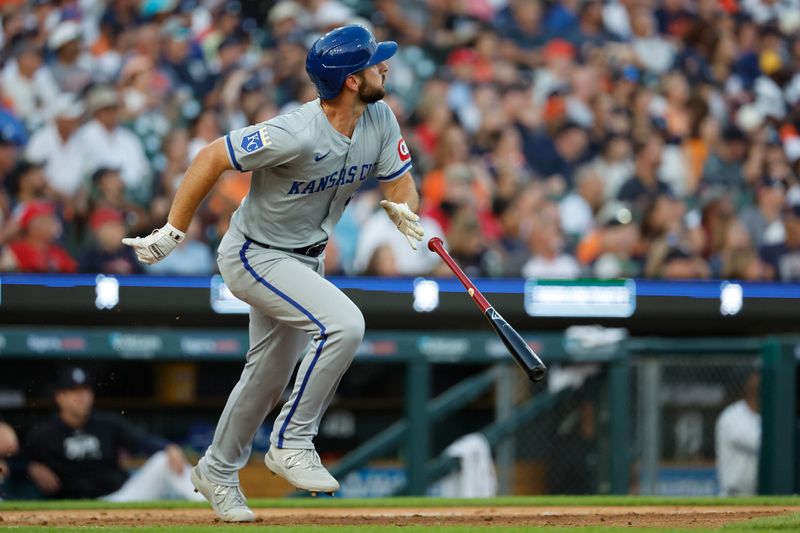 Aug 3, 2024; Detroit, Michigan, USA;  Kansas City Royals shortstop Paul DeJong (15) hits a two run home run in the seventh inning against the Detroit Tigers at  Comerica Park. Mandatory Credit: Rick Osentoski-USA TODAY Sports