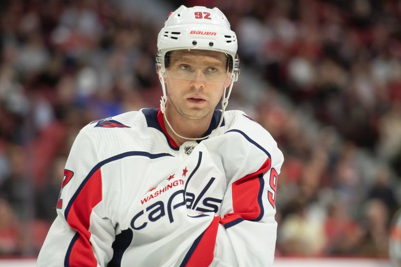 Oct 18, 2023; Ottawa, Ontario, CAN; Washington Capitals center Evgeny Kuznetsov (92) skates during abreak in hte second period against the Ottawa Senators at the Canadian Tire Centre. Mandatory Credit: Marc DesRosiers-USA TODAY Sports