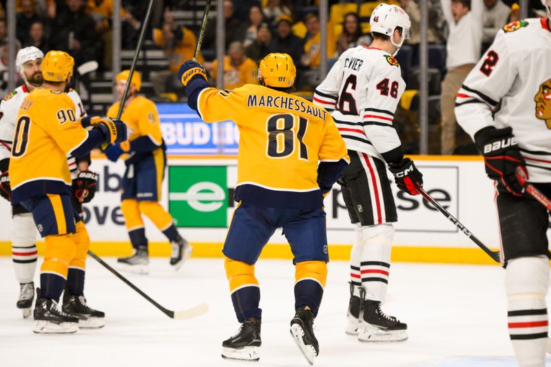 Jan 16, 2025; Nashville, Tennessee, USA;  Nashville Predators center Jonathan Marchessault (81) celebrates the goal of center Steven Stamkos (91) against the Chicago Blackhawks during the first period at Bridgestone Arena. Mandatory Credit: Steve Roberts-Imagn Images