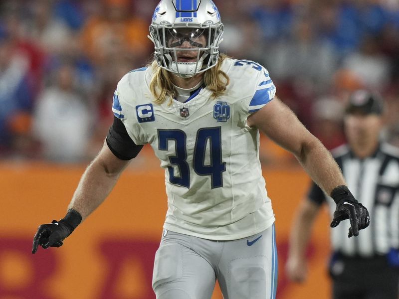 Detroit Lions linebacker Alex Anzalone (34) drops back in coverage during an NFL football game against the Tampa Bay Buccaneers, Sunday, Oct. 15 2023, in Tampa, Fla. (AP Photo/Peter Joneleit)