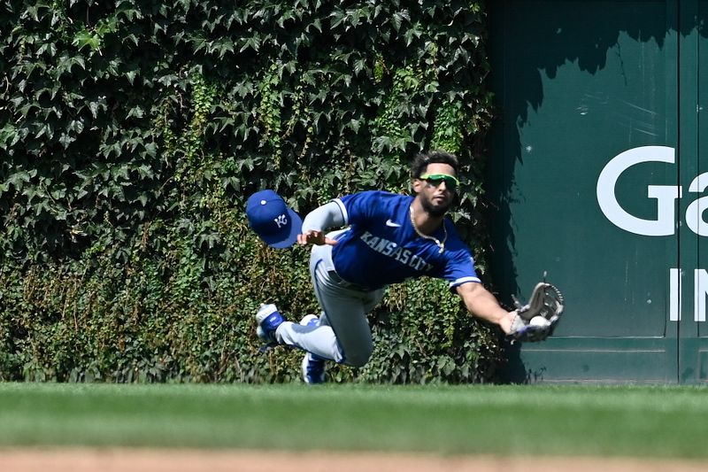 Aug 20, 2023; Chicago, Illinois, USA;  Kansas City Royals right fielder MJ Melendez (1) catches a fly ball hit by Chicago Cubs shortstop Dansby Swanson (7) during the fourth inning at Wrigley Field. Mandatory Credit: Matt Marton-USA TODAY Sports