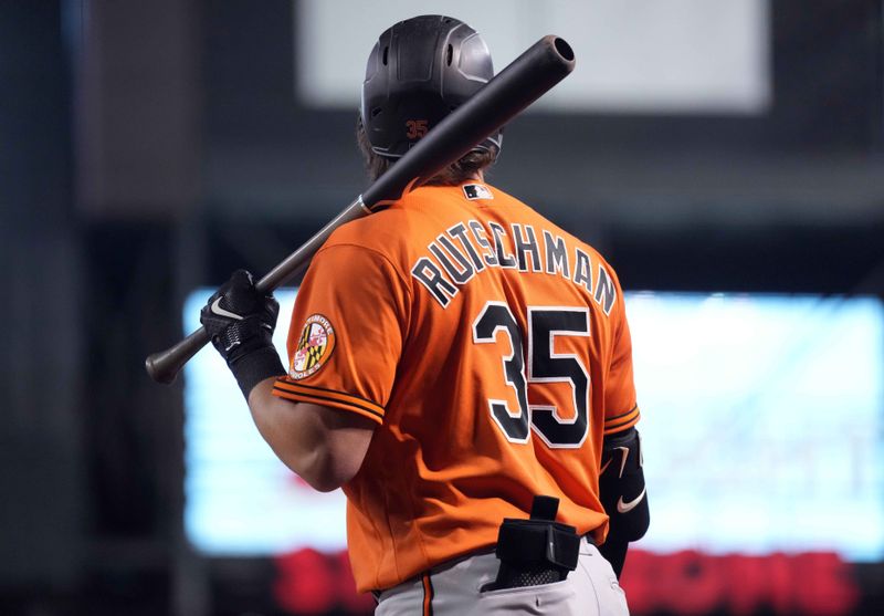 Sep 2, 2023; Phoenix, Arizona, USA; Baltimore Orioles designated hitter Adley Rutschman (35) against the Arizona Diamondbacks at Chase Field. Mandatory Credit: Joe Camporeale-USA TODAY Sports