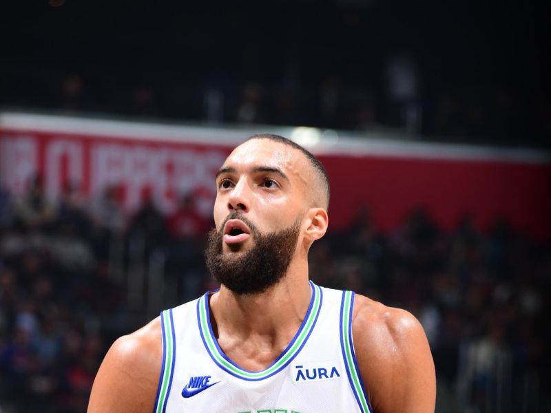 LOS ANGELES, CA - FEBRUARY 12:  Rudy Gobert #27 of the Minnesota Timberwolves shoots a free throw during the game on February 12, 2024 at Crypto.Com Arena in Los Angeles, California. NOTE TO USER: User expressly acknowledges and agrees that, by downloading and/or using this Photograph, user is consenting to the terms and conditions of the Getty Images License Agreement. Mandatory Copyright Notice: Copyright 2024 NBAE (Photo by Adam Pantozzi/NBAE via Getty Images)