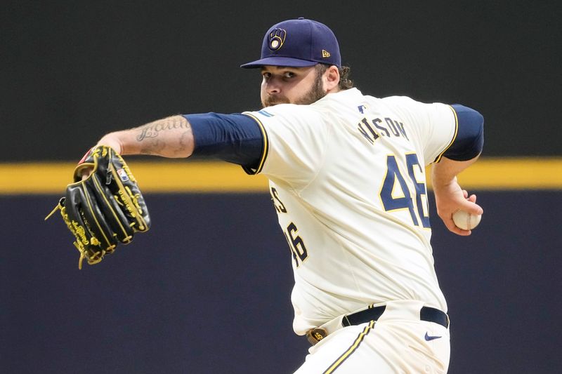 Apr 29, 2024; Milwaukee, Wisconsin, USA;  Milwaukee Brewers pitcher Bryse Wilson (46) throws a pitch during the first inning against the Tampa Bay Rays at American Family Field. Mandatory Credit: Jeff Hanisch-USA TODAY Sports