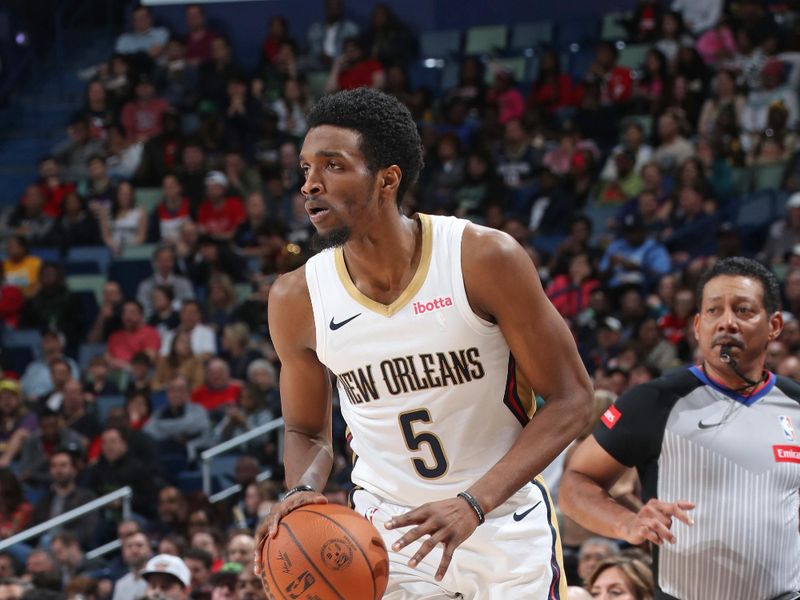 NEW ORLEANS, LA - FEBRUARY 22: Herb Jones #5 of the New Orleans Pelicans dribbles the ball during the game against the Houston Rockets on February 22, 2024 at the Smoothie King Center in New Orleans, Louisiana. NOTE TO USER: User expressly acknowledges and agrees that, by downloading and or using this Photograph, user is consenting to the terms and conditions of the Getty Images License Agreement. Mandatory Copyright Notice: Copyright 2024 NBAE (Photo by Layne Murdoch Jr./NBAE via Getty Images)