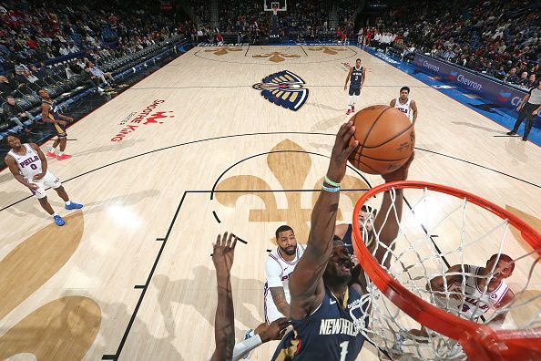 NEW ORLEANS, LA - NOVEMBER 29: Zion Williamson #1 of the New Orleans Pelicans dunks the ball during the game against the Philadelphia 76ers on November 29, 2023 at the Smoothie King Center in New Orleans, Louisiana. NOTE TO USER: User expressly acknowledges and agrees that, by downloading and or using this Photograph, user is consenting to the terms and conditions of the Getty Images License Agreement. Mandatory Copyright Notice: Copyright 2023 NBAE (Photo by Layne Murdoch Jr./NBAE via Getty Images)