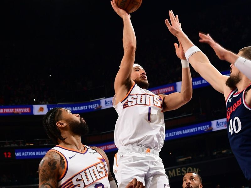 PHOENIX, AZ - JANUARY 27:  Devin Booker #1 of the Phoenix Suns shoots the ball during the game against the LA Clippers on January 27, 2025 at Footprint Center in Phoenix, Arizona. NOTE TO USER: User expressly acknowledges and agrees that, by downloading and or using this photograph, user is consenting to the terms and conditions of the Getty Images License Agreement. Mandatory Copyright Notice: Copyright 2025 NBAE (Photo by Kate Frese/NBAE via Getty Images)