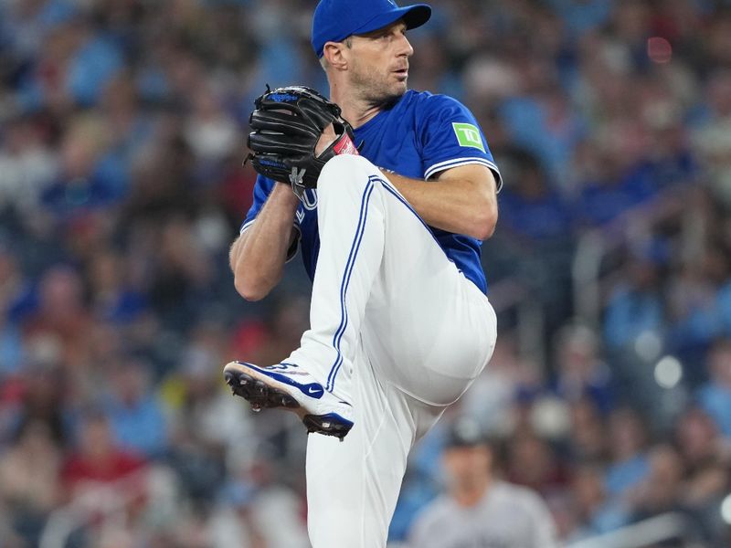 Jun 30, 2025; Toronto, Ontario, CAN; Toronto Blue Jays starting pitcher Max Scherzer (31) throws a pitch against the New York Yankees during the first inning at Rogers Centre. Mandatory Credit: Nick Turchiaro-Imagn Images