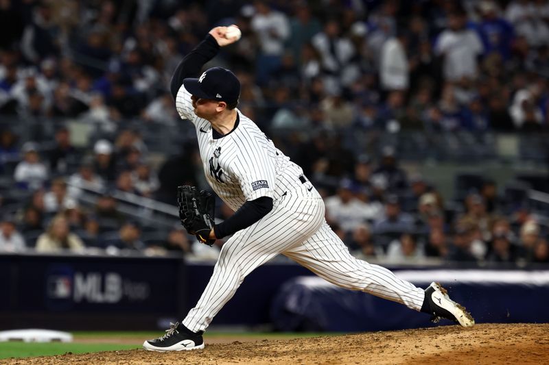 Oct 29, 2024; Bronx, New York, USA; New York Yankees pitcher Mark Leiter Jr. (38) throws a pitch against the Los Angeles Dodgers in the sixth inning during game four of the 2024 MLB World Series at Yankee Stadium. Mandatory Credit: Vincent Carchietta-Imagn Images